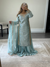 Load image into Gallery viewer, Sheesha silk suit with Gota work and embroidery and silk pleated lehenga and cotton net duppata. Party wear. Asian wedding suit.
