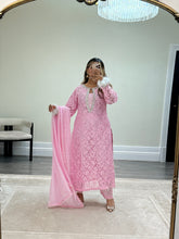 Load image into Gallery viewer, Lace net pearl embellished suit with trouser with chiffon duppata.