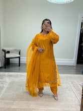 Load image into Gallery viewer, Korean raw silk suit with emrboidery and lace details. Organza duppata. Party wear. Eid collection.