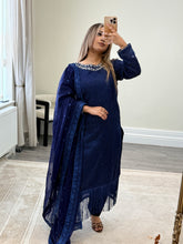 Load image into Gallery viewer, Sparkle Golden chiffon suit with embroidered chiffon duppata and trouser. Party wear. Eid collection.