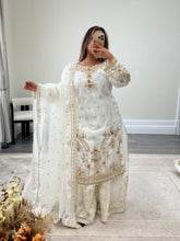 Load image into Gallery viewer, Elegant white beauty diamonte 3 piece suit with organza duppata and sharara