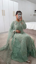 Load image into Gallery viewer, Cutdana Green suit with embroidered cotton net duppata and trouser. Party wear. Eid collection.