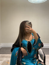 Load image into Gallery viewer, Silk 3 piece suit lulusar inspired with handwork on neckline. Kameez suit.