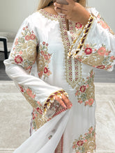 Load image into Gallery viewer, Ethnic inspired silk suit with full sequin embroidery. Wide leg trouser. Khadi net duppata. Fully embroidered party wear Asian suit.