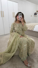 Load image into Gallery viewer, Olive / Teal/ white baroque inspired organza suit with embellishment and embroidery with organza duppata and trouser. Asian party wear suit.