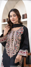 Load image into Gallery viewer, Black and Red Dhanak winter collection short shirt with button detailing with farshi shalwar and embroidered chiffon duppata (Copy)
