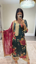 Load image into Gallery viewer, silk green floral embroidered 3 piece suit with khadi net duppata