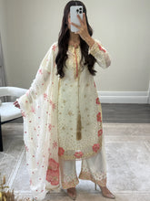Load image into Gallery viewer, Black/ white chiffon embroidered suit with sequin embroidery and embellishments. Chiffon duppata. Eid and party wear.