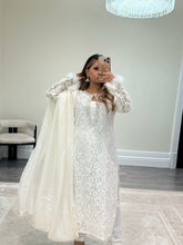 Load image into Gallery viewer, Lace net pearl embellished suit with trouser with chiffon duppata.