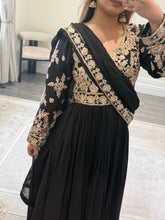 Load image into Gallery viewer, Chiffon frock style suit with sari draped duppata and hand embellishments and silk trouser. Eid collection. Party wear.