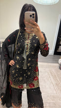 Load image into Gallery viewer, Black/ white chiffon embroidered suit with sequin embroidery and embellishments. Chiffon duppata. Eid and party wear.