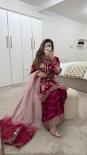 Load image into Gallery viewer, Jazmin inspired chiffon embroidered suit with chiffon duppata and wide leg embroidered trouser