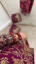 Load image into Gallery viewer, Pink Organza embellished 3 piece suit with wide leg silk trouser Eid collection party wear