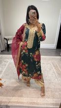 Load image into Gallery viewer, silk green floral embroidered 3 piece suit with khadi net duppata