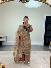 Load image into Gallery viewer, Mauve Organza embellished suit with stonework. Cotton net duppata and cotton silk trouser.