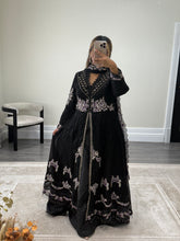 Load image into Gallery viewer, Maria b inspired black chiffon frock with embroidered and rhinestone detailing with trouser and chiffon duppata