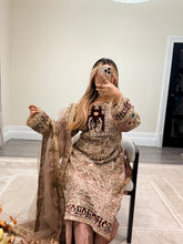 Load image into Gallery viewer, Mauve Organza embellished suit with stonework. Cotton net duppata and cotton silk trouser.