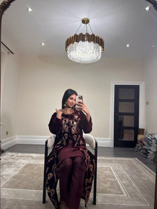 Velvet embroidered gown with silk inner and trouser