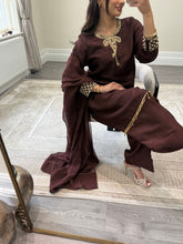 Load image into Gallery viewer, brown hand embroidered raw silk suit with farshi shalwar and chiffon duppta party wear suit