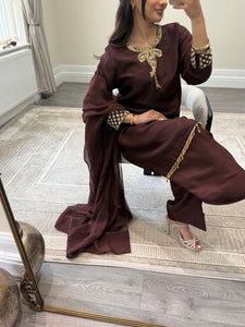 brown hand embroidered raw silk suit with farshi shalwar and chiffon duppta party wear suit