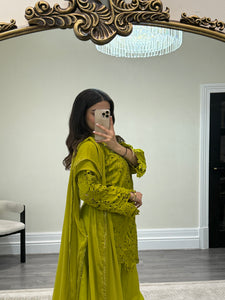 Croatia suit with embellishments and trouser. Chiffon duppata. South Asian party wear suits