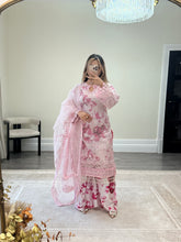 Load image into Gallery viewer, Pink floral embroidered suit with organza duppata and wide leg silk trouser. Eid collection. Party wear.
