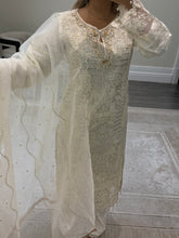 Load image into Gallery viewer, White baroque inspired organza suit with embellishment and embroidery with organza duppata and trouser. Asian party wear suit.