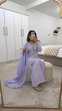Load image into Gallery viewer, Lilac hand embroidered raw silk 3 piece suit with wide leg trouser Eid collection party wear