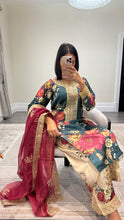 Load image into Gallery viewer, silk green floral embroidered 3 piece suit with khadi net duppata