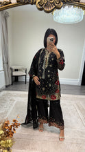 Load image into Gallery viewer, Black/ white chiffon embroidered suit with sequin embroidery and embellishments. Chiffon duppata. Eid and party wear.