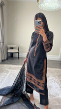 Load image into Gallery viewer, Black lawn embroidered lawn suit with cotton net duppata