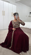 Load image into Gallery viewer, Chiffon frock style suit with sari draped duppata and hand embellishments and silk trouser. Eid collection. Party wear.