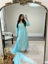 Load image into Gallery viewer, Cutdana grey/blue suit with embroidered cotton net duppata and trouser. Party wear. Eid collection.