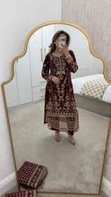 Load image into Gallery viewer, Maroon embroidered suit with full embellishment detailing and organza embroidered duppata. Crepe trouser. Eid collection and party wear