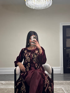 Velvet embroidered gown with silk inner and trouser