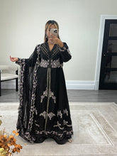 Load image into Gallery viewer, Maria b inspired black chiffon frock with embroidered and rhinestone detailing with trouser and chiffon duppata
