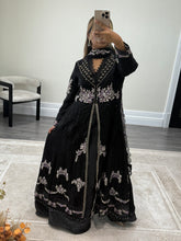 Load image into Gallery viewer, Maria b inspired black chiffon frock with embroidered and rhinestone detailing with trouser and chiffon duppata