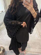 Load image into Gallery viewer, Crochet sleeve shirt with farshi shalwar and silk duppata with pearl finishing throughout