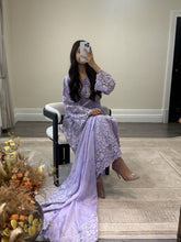 Load image into Gallery viewer, Lilac Lace net pearl embellished suit with trouser with chiffon duppata.