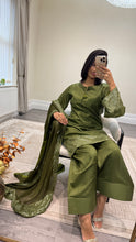 Load image into Gallery viewer, Vanya inspired silk embroidered suit with sequin embroidery and embellishments. Chiffon duppata. Eid and party wear.
