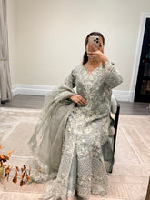 Load image into Gallery viewer, Light lilac / grey organza suit with embellishment and embroidery with duppata and trouser. Asian party wear suit.
