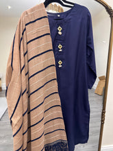 Load image into Gallery viewer, Dhanak 3 piece suit with pashmina shawl duppata Navy