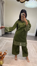 Load image into Gallery viewer, Vanya inspired silk embroidered suit with sequin embroidery and embellishments. Chiffon duppata. Eid and party wear.