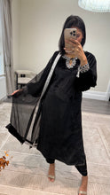 Load image into Gallery viewer, Black/pink velvet embroidered suit with velvet trouser and chiffon duppata