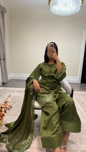 Load image into Gallery viewer, Vanya inspired silk embroidered suit with sequin embroidery and embellishments. Chiffon duppata. Eid and party wear.