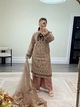 Load image into Gallery viewer, Mauve Organza embellished suit with stonework. Cotton net duppata and cotton silk trouser.