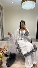 Load image into Gallery viewer, Raw silk black and white hand embroidered 3 piece suit with organza duppata