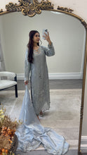 Load image into Gallery viewer, Cutdana grey/blue suit with embroidered cotton net duppata and trouser. Party wear. Eid collection.