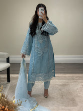Load image into Gallery viewer, Ice blue Organza embellished suit with stonework. Organza duppata and silk trouser.