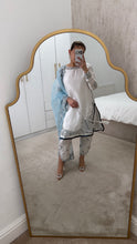Load image into Gallery viewer, Blue and white Embroidered silk suit with embroidered organza duppata and trouser. And Matching purse Party wear. Eid collection.